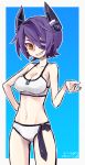  1girl eyepatch grin hand_on_hip headgear kantai_collection midriff necktie noitorite purple_hair short_hair smile swimsuit tenryuu_(kantai_collection) yellow_eyes 