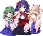  3girls alternate_hair_length alternate_hairstyle blonde_hair blue_hair detached_sleeves frog_hair_ornament frog_print green_eyes green_hair hair_ornament hat kochiya_sanae long_sleeves looking_at_viewer mirror moriya_suwako multiple_girls open_mouth red_eyes shirt short_hair short_over_long_sleeves skirt smile snake_hair_ornament touhou uranaishi_(miraura) wide_sleeves yasaka_kanako 