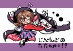  1girl ;o brown_hair cape ghost glasses hat long_tongue lowres one_eye_closed pote_(ptkan) red-framed_glasses shirt short_hair skirt tongue tongue_out touhou usami_sumireko vest 