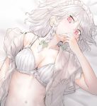  1girl blush bow bra braid breasts cleavage geppewi hair_bow izayoi_sakuya looking_at_viewer lying maid_headdress navel on_back open_clothes open_shirt red_eyes shirt short_hair silver_hair solo touhou twin_braids underwear upper_body white_bra 