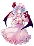  1girl bat bat_wings blue_hair dress hat hat_ribbon highres mob_cap one_eye_closed pink_dress puffy_short_sleeves puffy_sleeves red_eyes remilia_scarlet ribbon short_hair short_sleeves simple_background smile solo touhou uranaishi_(miraura) white_background wings wrist_cuffs 