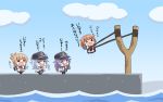  &gt;_&lt; 4girls akatsuki_(kantai_collection) alternate_hairstyle anchor_symbol black_hair black_legwear brown_hair catapult crying fang flat_cap folded_ponytail hair_ornament hair_ribbon hairclip hat hibiki_(kantai_collection) ikazuchi_(kantai_collection) inazuma_(kantai_collection) kantai_collection kotanuki_329 long_hair multiple_girls neckerchief ponytail red_ribbon ribbon sailor_collar sailor_dress short_hair silver_hair sleeves_past_wrists tears translation_request trembling tress_ribbon wavy_mouth younger 