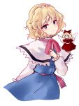  1girl alice_margatroid blonde_hair blue_dress blue_eyes bow capelet dress fairy_wings hair_bow hairband long_sleeves looking_at_viewer red_dress sash shanghai_doll solo touhou uranaishi_(miraura) wings 