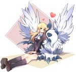  1girl absol ace_trainer_(pokemon) ascot blonde_hair earrings full_body hair_ornament hairclip heart highres jewelry kneehighs long_hair mega_absol mega_pokemon mega_stone miniskirt npc pokemon pokemon_(creature) pokemon_(game) pokemon_xy shoes sitting skirt skirt_set smile tm_(hanamakisan) 