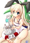  1girl alternate_costume blonde_hair blue_eyes chize hairband kantai_collection long_hair one-piece_swimsuit rensouhou-chan shimakaze_(kantai_collection) sitting swimsuit 
