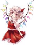  1girl blonde_hair flandre_scarlet hat hat_ribbon highres looking_at_viewer mob_cap open_mouth puffy_short_sleeves puffy_sleeves ribbon shirt short_sleeves side_ponytail skirt skirt_set smile solo touhou uranaishi_(miraura) vest wings 