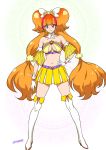  1girl amanogawa_kirara bare_shoulders boots choker cure_twinkle earrings gloves go!_princess_precure hand_on_hip jewelry joy_ride long_hair looking_at_viewer magical_girl multicolored_hair navel orange_hair precure redhead smile solo star star_earrings thigh-highs thigh_boots twintails two-tone_hair violet_eyes white_gloves 