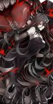  1girl battleship_water_oni black_dress black_gloves black_hair breasts cuffs dress elbow_gloves gloves glowing glowing_eyes horn kantai_collection long_hair looking_at_viewer open_mouth parted_lips pokimari red_eyes shinkaisei-kan smile solo teeth tongue tongue_out white_skin 