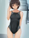  1girl amagami black_hair brown_eyes competition_swimsuit highres glasses_chuu nanasaki_ai one-piece_swimsuit short_hair swimsuit wet 