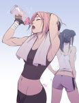  2girls alternate_hairstyle ass bike_shorts black_hair bottle camisole drinking facial_mark fingerless_gloves forehead_mark gloves groin hand_in_hair hands_on_hips handwraps haruno_sakura hyuuga_hinata midriff mike_nesbitt multiple_girls naruto navel pink_hair ponytail short_hair shorts sweat toned towel towel_around_neck water_bottle 