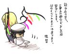  1boy 1girl :3 admiral_(kantai_collection) black_hair blonde_hair chibi commentary_request crossover dragging flandre_scarlet gomasamune hat kantai_collection military military_uniform peaked_cap short_hair side_ponytail sketch touhou translation_request uniform wings 