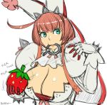  1girl ahoge akairiot aqua_eyes breasts cleavage cleavage_cutout elphelt_valentine explosive food fruit gloves grenade grenade_pin guilty_gear guilty_gear_xrd hat huge_breasts mouth_hold redhead solo spikes strawberry 
