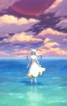  1girl barefoot clouds dress highres hiko_(scape) horizon looking_at_viewer ocean open_mouth original partially_submerged scenery sky smile solo star_(sky) twilight water white_dress white_hair wind 