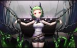  1girl bare_arms belt chain chained cuffs demon_horns green_hair highres hk_(hk) horns looking_at_viewer owari_no_seraph red_eyes shackles shirt short_hair short_shorts shorts sleeveless sleeveless_shirt solo 
