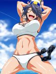  1girl :d alternate_costume ball bikini breasts checkered_necktie crop_top headgear kantai_collection large_breasts midriff navel necktie open_mouth purple_hair short_hair smile swimsuit tan taut_clothes taut_swimsuit tenryuu_(kantai_collection) tsuzuki_masumi volleyball white_bikini white_swimsuit yellow_eyes 