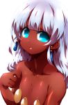  1girl blue_eyes blush dark_skin earrings flat_chest jewelry long_hair silver_hair solo tokyo_(great_akuta) very_dark_skin 