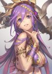  1girl bikini_top breasts cleavage dark_skin finger_to_chin grin jewelry kali_(p&amp;d) lamchun_(2006) long_hair mole mole_under_mouth purple_hair puzzle_&amp;_dragons smile solo violet_eyes 