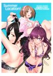 3girls ;3 angelo_(gomahangetsu) antenna_hair bare_shoulders bikini black_hair blue_eyes brown_eyes brown_hair cover cover_page cowboy_shot doujin_cover earrings from_side front-tie_top hairband highres holding holding_sunglasses hoodie ichinose_shiki idolmaster idolmaster_cinderella_girls jewelry long_hair looking_at_viewer mimura_kanako mukai_takumi multiple_girls navel necklace one_eye_closed purple_bikini purple_hair simple_background solo sunglasses swimsuit thigh_gap unfinished v white_background 