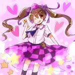  1girl ;q bow brown_eyes brown_hair cellphone checkered checkered_skirt hair_bow hat heart himekaidou_hatate mayo_(mayomr29) one_eye_closed phone skirt solo star tokin_hat tongue tongue_out touhou twintails 