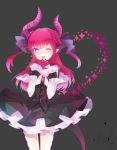  1girl blue_eyes detached_sleeves fate/extra fate/extra_ccc fate_(series) highres horns kucarail lancer_(fate/extra_ccc) long_hair one_eye_closed pink_hair pointy_ears solo sparkle tail two_side_up 