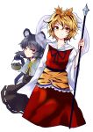  2girls animal_ears basket bishamonten&#039;s_spear blonde_hair bow capelet gem grey_hair hair_bow highres jewelry long_sleeves looking_at_viewer mouse mouse_ears mouse_tail multicolored_hair multiple_girls nazrin necklace pendant red_eyes shawl shirt short_hair skirt smile streaked_hair tail tiger_print toramaru_shou touhou uranaishi_(miraura) wide_sleeves yellow_eyes 