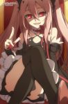  1girl bare_shoulders detached_sleeves dress fang fcc highres krul_tepes long_hair official_style owari_no_seraph pink_hair pointy_ears red_eyes smile solo thigh-highs vampire vial 
