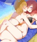  2girls alternate_costume beach bikini black_bikini breasts closed_eyes girl_on_top hair_ribbon kousaka_honoka looking_at_another love_live!_school_idol_project lying lying_on_person midriff multiple_girls navel nishikino_maki ocean on_back ookamisama orange_hair outdoors redhead ribbon side_ponytail swimsuit violet_eyes yellow_bikini yuri 