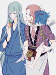  3boys blue_eyes blue_hair carrying closed_eyes food fruit japanese_clothes kousetsu_samonji male_focus multiple_boys nineo orange piggyback pink_hair sayo_samonji smile souza_samonji touken_ranbu 