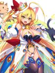 1girl :d animal animal_ears bell black_legwear blonde_hair brave_sword_x_blaze_soul breasts cat cat_ears cleavage crown detached_sleeves fang groin highres large_breasts long_hair looking_at_viewer mel/a open_mouth smile solo thigh-highs yellow_eyes 