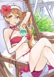  1girl adjusting_hair arm_up bikini blush brown_hair cocktail criss-cross_halter crossed_legs drinking drinking_straw flower hair_flower hair_ornament halter_top halterneck kaguyuzu kantai_collection littorio_(kantai_collection) looking_at_viewer red_bikini sarong sitting sketch solo swimsuit 