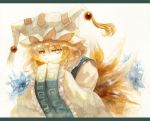  1girl bending_forward blonde_hair dress fox_tail hands_in_sleeves hat hat_with_ears keiko_(mitakarawa) letterboxed long_sleeves looking_at_viewer multiple_tails ofuda pillow_hat short_hair simple_background smile solo tabard tail tassel touhou upper_body white_background white_dress wide_sleeves yakumo_ran yellow_eyes 