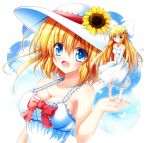  1girl alice_margatroid alternate_costume bare_shoulders blonde_hair blue_eyes blue_sky bow breasts cleavage clouds collarbone dress flower hair_bow hair_flower hair_ornament hat highres large_breasts long_hair no_bra open_mouth osashin_(osada) sky sleeveless sleeveless_dress smile sundress sunflower touhou v_arms very_long_hair white_dress 