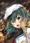  1girl blush eyepatch eyepatch_removed green_eyes green_hair hat heterochromia kakao_rantan kantai_collection kiso_(kantai_collection) looking_at_viewer open_mouth pov_hands remodel_(kantai_collection) school_uniform serafuku short_hair solo tears torn_clothes yellow_eyes 