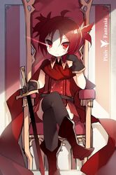  1girl blush copyright_name crossed_legs gloves looking_at_viewer pixiv_fantasia pixiv_fantasia_t red_eyes redhead saru short_hair sitting solo sword weapon 