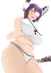  blush breast_rest breasts checkered_necktie d:&lt; diisuke eyepatch headpiece huge_breasts kantai_collection large_breasts navel necktie purple_hair swimsuit tenryuu_(kantai_collection) thighs wavy_mouth yellow_eyes 
