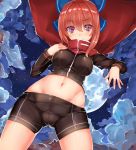 1girl alternate_costume ashu bike_shorts blush bow breasts clouds commentary_request cropped_jacket hair_bow long_sleeves looking_at_viewer midriff navel night red_eyes redhead sekibanki sky solo star_(sky) starry_sky touhou 