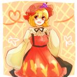  1girl aki_minoriko blonde_hair food fruit grapes hat heart heart_of_string mayo_(mayomr29) open_mouth red_eyes solo touhou wide_sleeves 