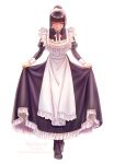  1girl aken apron artist_name black_hair bowing character_name facing_viewer frills highres long_hair maid maid_headdress narberal_gamma overlord_(maruyama) ponytail signature simple_background skirt solo watermark web_address white_background 