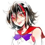  1girl black_hair horns kijin_seija looking_at_viewer multicolored_hair open_mouth red_eyes rosette_(roze-ko) shirt sleeveless sleeveless_shirt smile solo streaked_hair tongue tongue_out touhou 