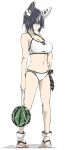  1girl bikini food fruit kantai_collection sandals short_hair simple_background solo swimsuit tenryuu_(kantai_collection) watermelon white_bikini white_swimsuit 