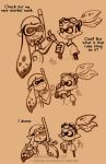  1boy 1girl 3koma can comic domino_mask drinking english inkling long_hair mask pointing pointing_at_self pointy_ears sepia shrug signature sketch snorkel splatoon tamarinfrog tentacle_hair 