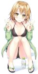  1girl bare_shoulders bikini black_bikini blush bottle breasts brown_eyes brown_hair collarbone double_v hoodie isshiki_iroha looking_at_viewer sandals side-tie_bottom sitting smile solo sousouman swimsuit v yahari_ore_no_seishun_lovecome_wa_machigatteiru. 