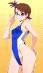  1girl adjusting_glasses bare_shoulders breasts brown_eyes brown_hair competition_swimsuit covered_navel futami_ami glasses idolmaster looking_at_viewer one-piece_swimsuit short_hair side_ponytail simple_background smile swimsuit tetuo_kun 