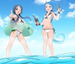  2girls blue_eyes blue_hair chagen_kokimu dual_wielding green_eyes hair_ribbon highres kantai_collection long_hair multiple_girls one_eye_closed open_mouth pointing ribbon samidare_(kantai_collection) suzukaze_(kantai_collection) swimsuit twintails very_long_hair walking walking_on_water 