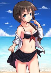  1girl adapted_costume ahoge bikini black_hair blue_eyes braid hair_flaps hair_ornament hair_ribbon hayate_(pixiv1185845) kantai_collection long_hair remodel_(kantai_collection) ribbon shigure_(kantai_collection) single_braid skirt smile solo swimsuit 