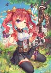  1girl atdan butterfly curly_hair drill_hair grass land_of_caromag looking_at_viewer official_art original outdoors pink_hair pointing pointing_at_viewer pointy_ears river sitting sky solo tree twin_drills violet_eyes water wink 