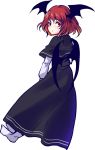  1girl alternate_hair_length alternate_hairstyle black_dress capelet demon_girl demon_wings dress head_wings koakuma long_sleeves looking_at_viewer looking_back red_eyes redhead shirt short_hair solo touhou uranaishi_(miraura) wings 