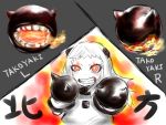  1girl aura boxing_gloves dress fire grey_background horns kantai_collection long_hair looking_at_viewer mittens northern_ocean_hime onboro_(clunker) open_mouth pale_skin red_eyes shinkaisei-kan solo teeth translation_request white_dress white_hair white_skin 