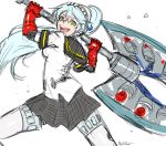  1girl akairiot android aqua_hair battle_axe crazy_eyes crazy_smile dark_persona huge_weapon labrys long_hair open_mouth persona persona_4:_the_ultimate_in_mayonaka_arena ponytail robot_joints school_uniform serafuku sketch solo weapon yellow_eyes 