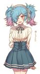  1girl blue_hair blush fire_emblem fire_emblem_if hair_over_one_eye multicolored_hair open_mouth pieri_(fire_emblem_if) pink_eyes pink_hair simple_background solo twintails two-tone_hair 